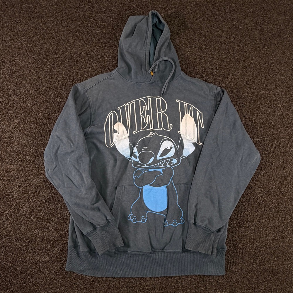 Disney Hoodie Mens Medium Stitch Over It Graphic Blue Lilo & Stitch EUC